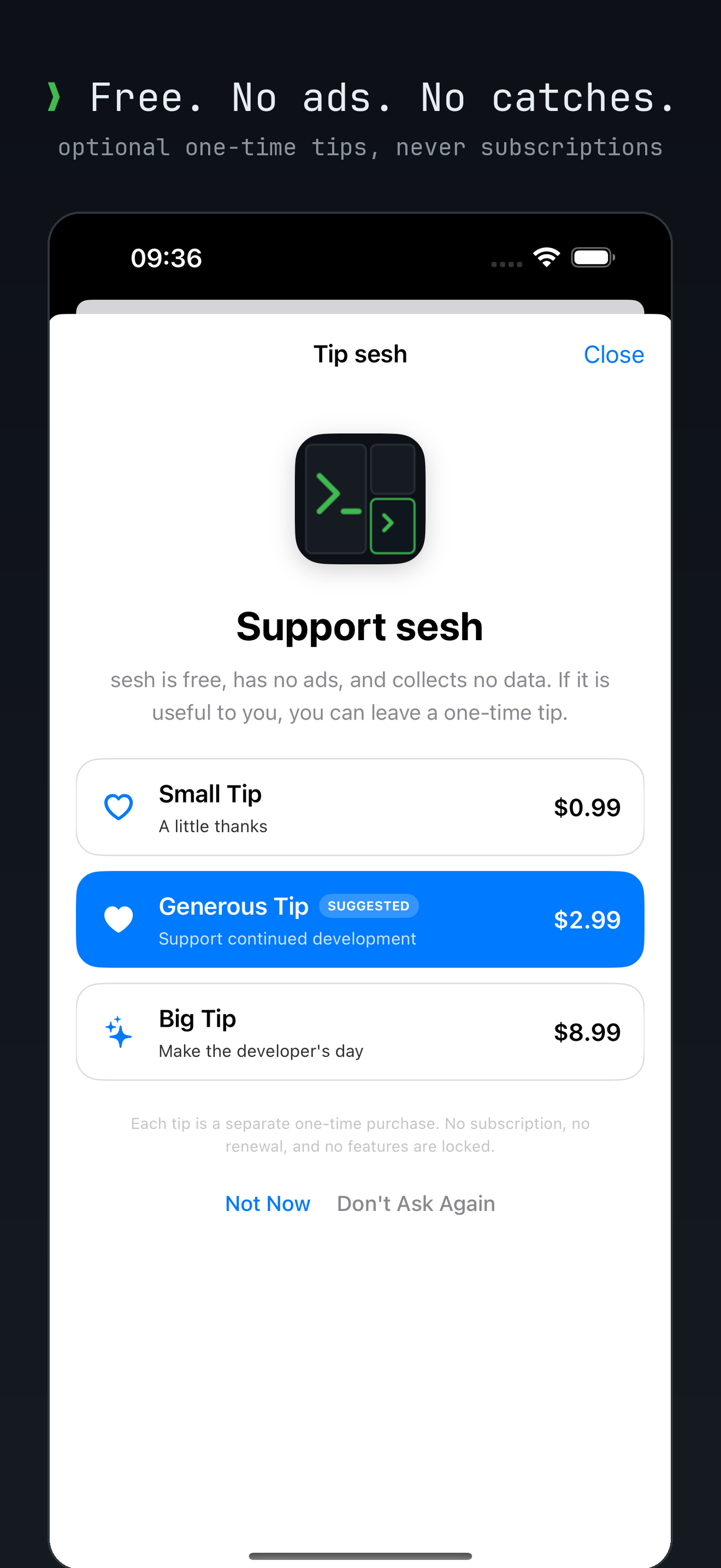 Optional one-time tips with no subscription in sesh