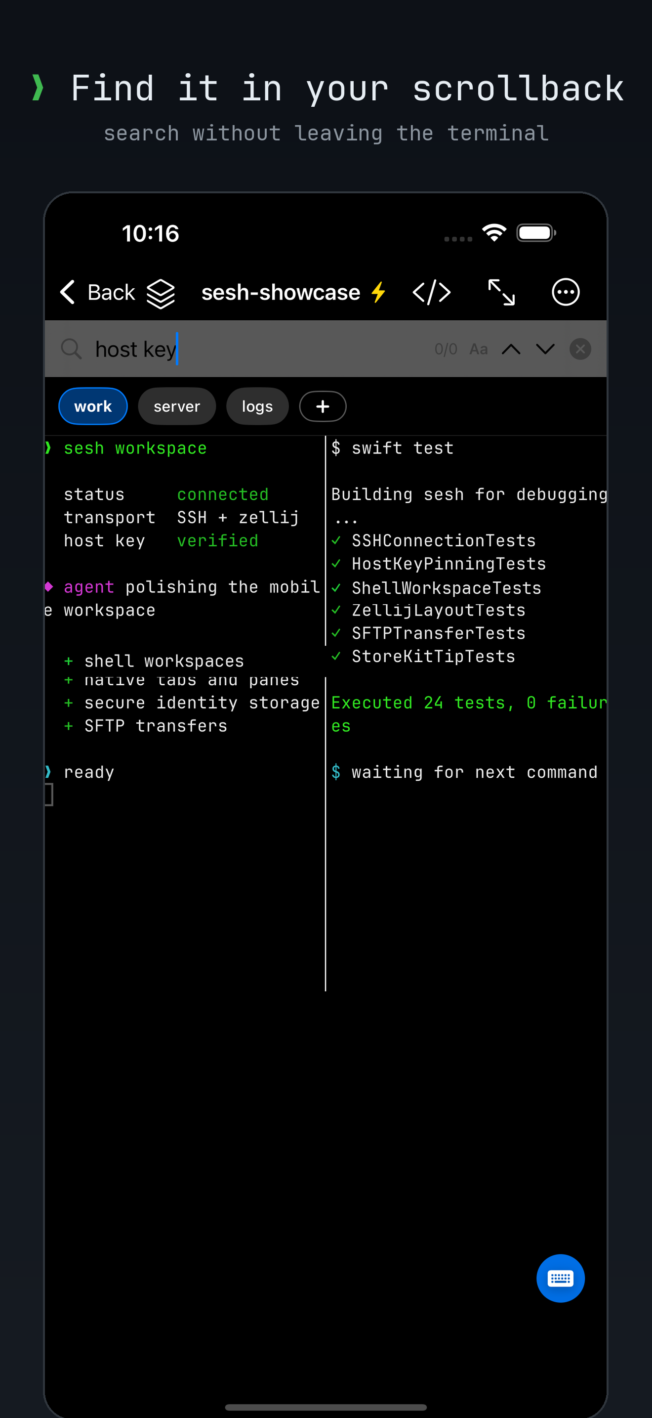 Searching terminal scrollback in sesh
